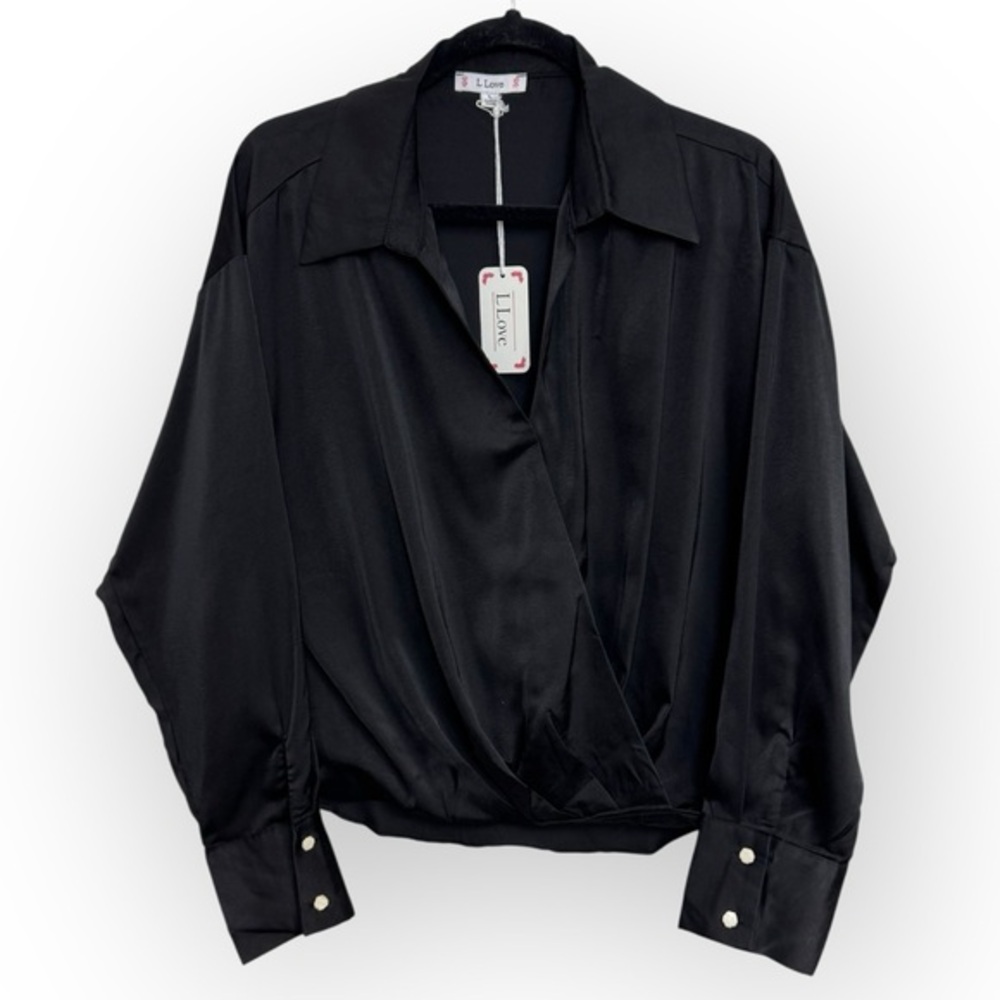 L Love Women’s Black Satin Blouse Size L *2118